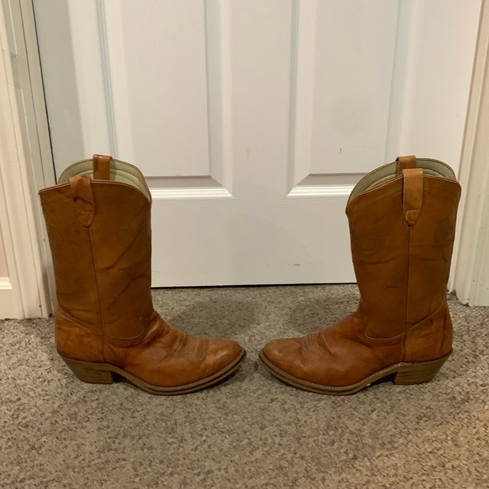 Vtg Texas Carmel 70s 80s Cowboy western campus pull on work boots sz 10.5